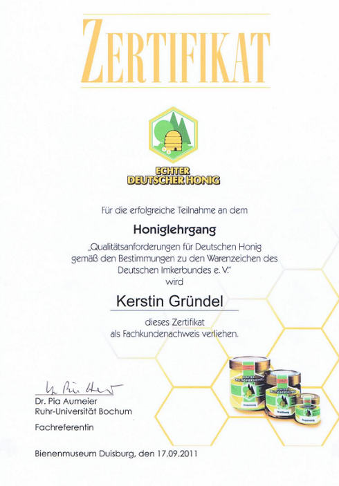 Zertifikat Honiglehrgang